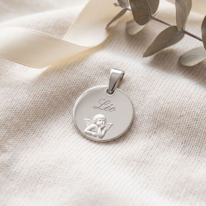 Pendentif rond à graver en argent 925, ange en relief