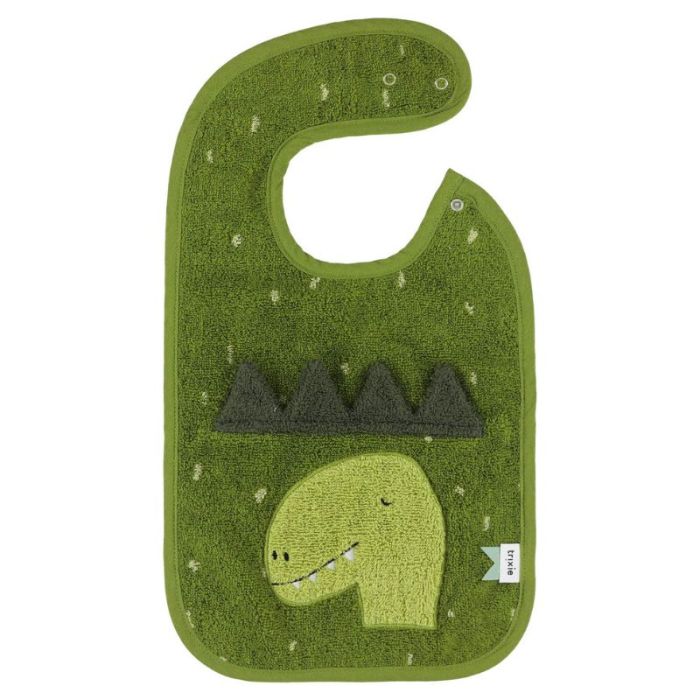 Bavoir bébé Trixie dinosaure Mr. Dino vert en éponge de coton bio à broder