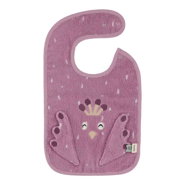 Bavoir bébé Trixie paon Mrs. Peacock violet en éponge de coton bio à broder