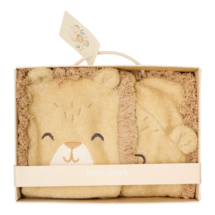 joli coffret cadeau pour le bain, comprenant une cape de bain lion et son gant de toilette assorti