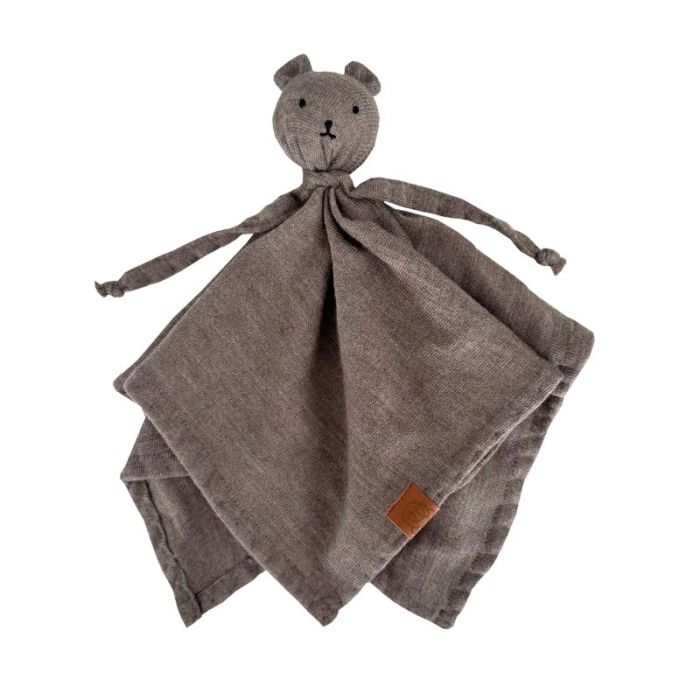 doudou ours couleur gris taupe, en laine mérinos, à personnaliser avec prénom bébé
