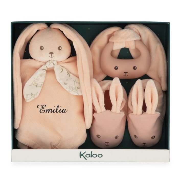 coffret naissance de la marque kaloo, couleur peche, avec doudou à personnaliser !
