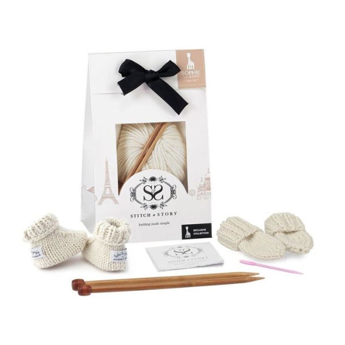 set pour tricoter chaussons et gants pour bébé, laine couleur ivoire