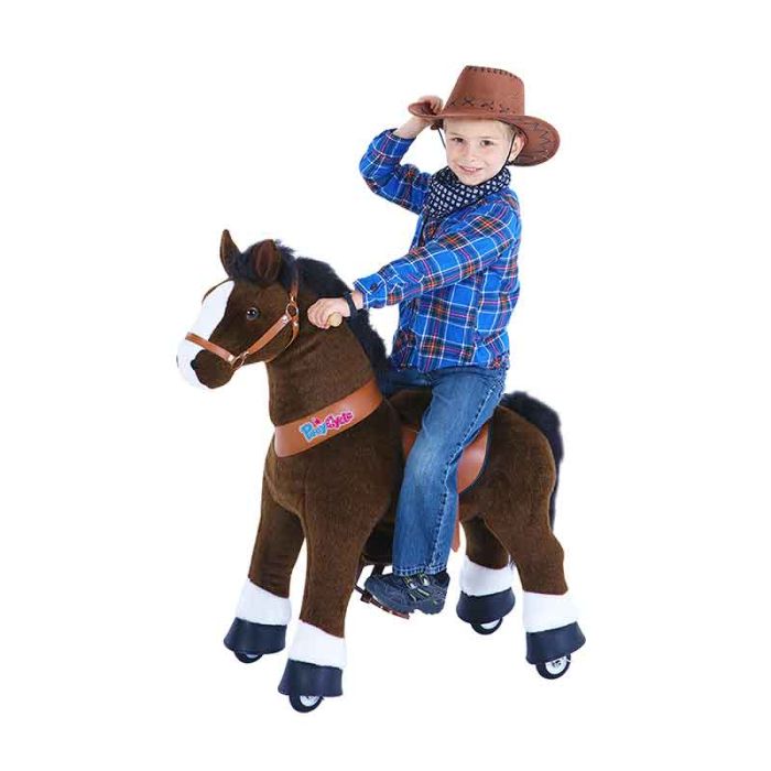 PonyCycle Cheval Mécanique à Roulettes – Modèle X, Taille 4 (4-7 Ans), Frein à Main, Tissu Doux, Roues Lumineuses, Brun