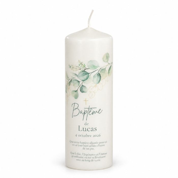 Bougie de baptême eucalyptus, à personnaliser