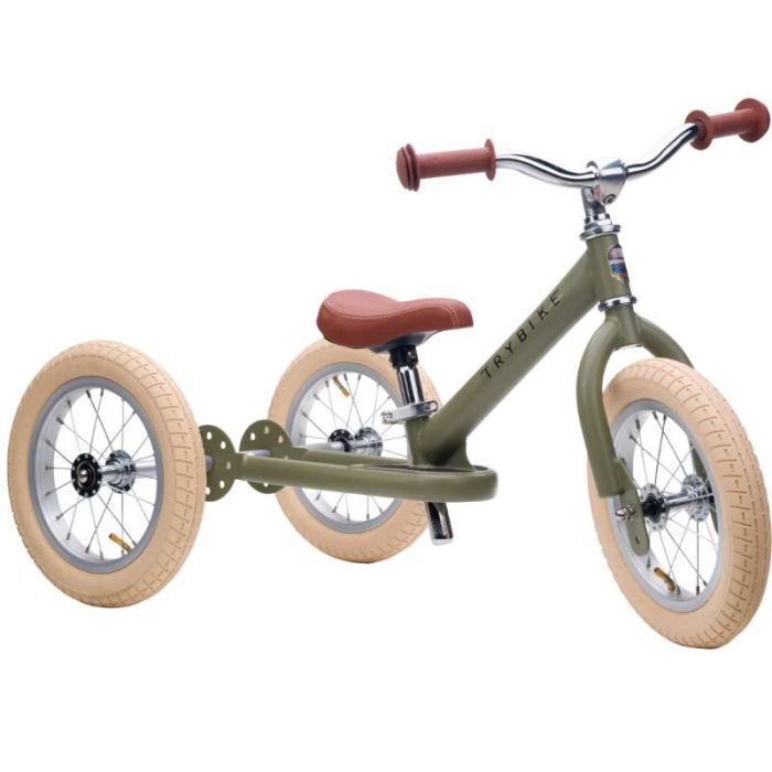 tricycle trybike en métal, couleur vert, évolutif en draisienne