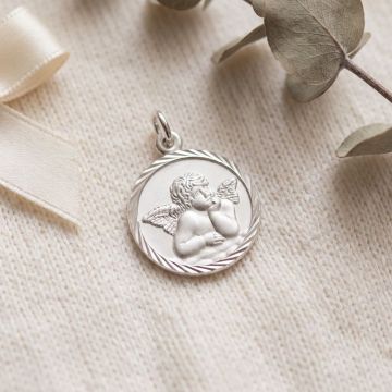 Médaille ange ronde en argent 925, bord diamanté