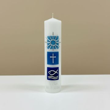 bougie de baptême bleue avec décor en relief