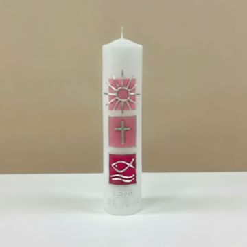 bougie de baptême rose avec décor en relief
