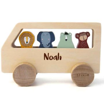 bus en bois, jouet avec pr&eacute;nom enfant grav&eacute;