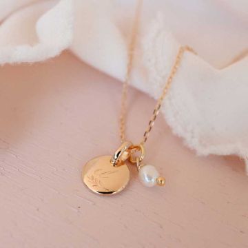 collier et médaille baptême ou naissance, feuille et perle