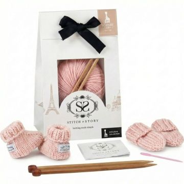 kit tricot pour chaussons bébé et gants, laine rose