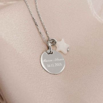 Médaille de baptême argent avec collier et étoile de nacre, à personnaliser, Livraison Gratuite