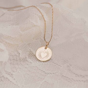 Médaille baptême cœur flamboyant, plaqué or personnalisable, Aismée