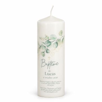 Bougie de baptême eucalyptus, à personnaliser