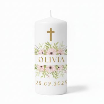 bougie de baptême motif floral avec prénom et date