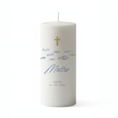 bougie personnalisé, croix et poissons bleus
