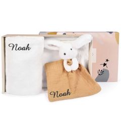 coffret naissance, plaid et doudou, beige et blanc