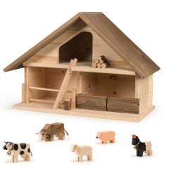 Ferme en Bois Trauffer, toit brun, 100% Suisse, Jouet Durable Enfant dès 2 ans, Qualité Suisse, Livraison Gratuite