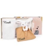 coffret naissance, plaid et doudou, beige et blanc