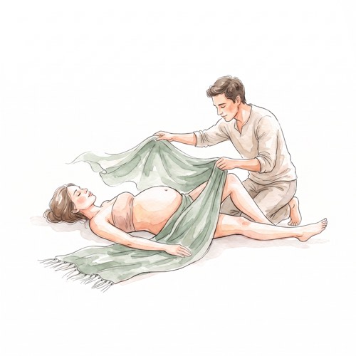 Effleurage au rebozo, le tissu glisse sur le corps d'une femme enceinte
