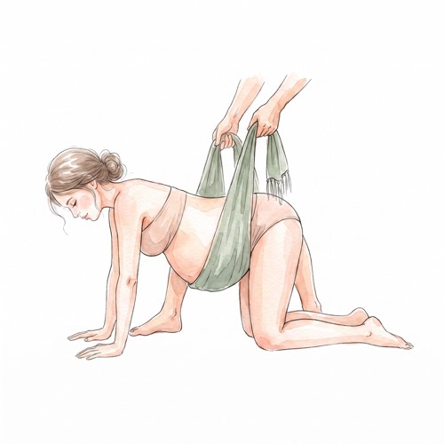 Soulagement du dos au rebozo, femme enceinte &agrave; quatre pattes, le ventre soutenu par le tissu
