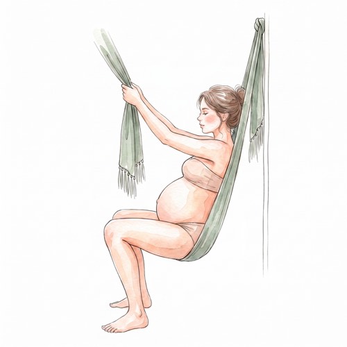 Suspension au rebozo accroch&eacute; en hauteur, position accroupie pendant le travail